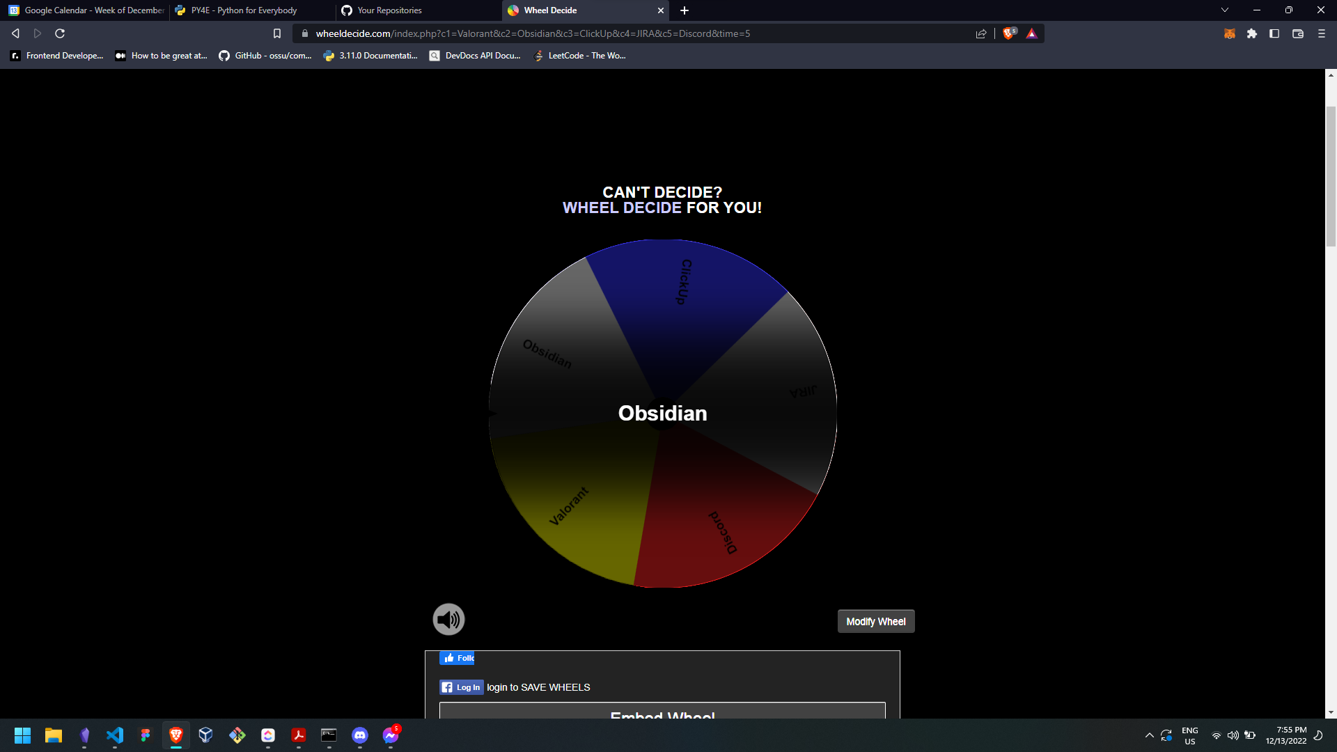 Wheel Decide results showing Obsidian